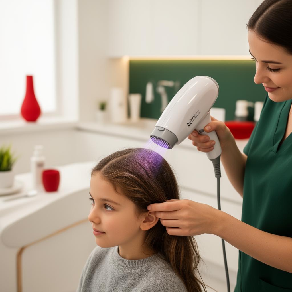 Specialist using the medical-grade heated-air device on a child's hair